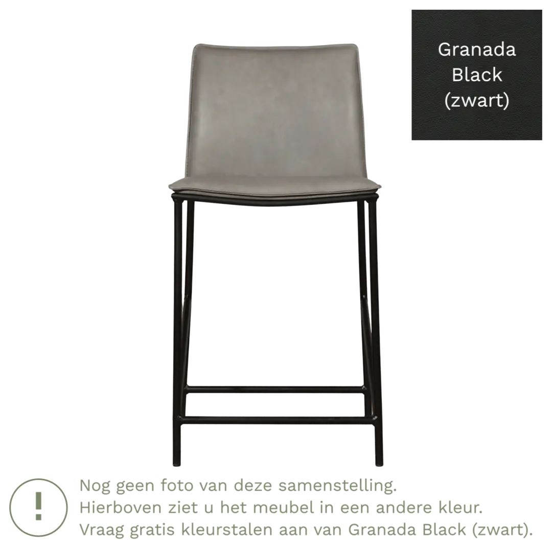 afbeelding van Leren barkruk laag Favor - Granada Black (zwart) - poten staal rond zwart
